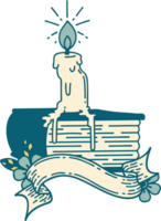 banner with tattoo style candle melting on book png