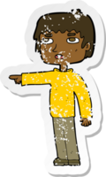 retro distressed sticker of a cartoon boy pointing png