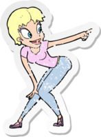 retro distressed sticker of a cartoon pretty woman pointing png