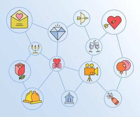 wedding and valentine network diagram icons