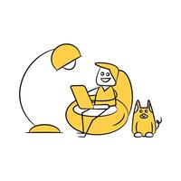 a man sitting in a chair with a laptop and a dog vector