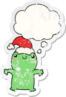 cute cartoon frog wearing christmas hat and thought bubble as a distressed worn sticker png