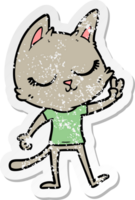 distressed sticker of a calm cartoon cat giving peace sign png