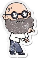 distressed sticker of a cartoon worried man with beard and spectacles pointing finger png