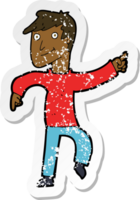 retro distressed sticker of a cartoon happy man pointing png