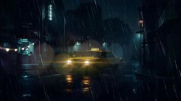 ein Gelb Taxi geparkt auf ein nass Straße im Regen beim Nacht, unter das glühen von Straßenlichter. dunkel Gebäude Webstuhl im das Hintergrund video