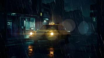 een geel taxi geparkeerd Aan een nat straat in regen Bij nacht, onder de gloed van straatverlichting. donker gebouwen weefgetouw in de achtergrond video