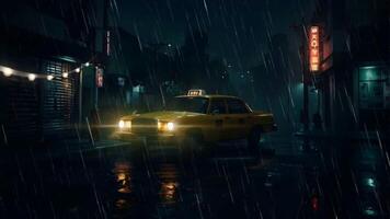 un amarillo Taxi estacionado en un mojado calle en lluvia a noche, debajo el resplandor de luces de la calle. oscuro edificios telar en el antecedentes video