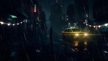 A yellow taxi parked on a wet street in rain at night, under the glow of streetlights. Dark buildings loom in the background video