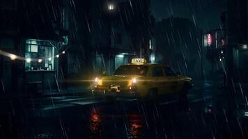 uma amarelo Táxi estacionado em uma molhado rua dentro chuva às noite, debaixo a brilho do luzes da rua. Sombrio edifícios tear dentro a fundo video