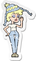 pegatina retro angustiada de una mujer de dibujos animados con sombrero de invierno png