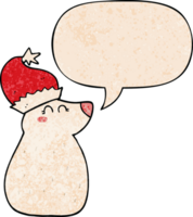 cartoon bear wearing christmas hat and speech bubble in retro texture style png