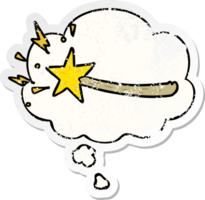 cartoon magic wand and thought bubble as a distressed worn sticker png