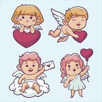 Cupido dibujos animados conjunto de linda pequeño ángeles con corazones y corazones vector