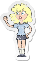 retro distressed sticker of a cartoon worried woman waving png