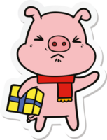 sticker of a cartoon angry pig with christmas present png