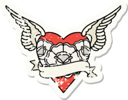 traditionnel affligé autocollant tatouage de une cœur avec ailes fleurs et bannière png