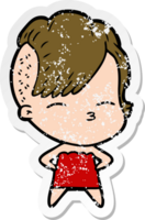 distressed sticker of a cartoon squinting girl in dress png