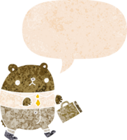 cartoon bear in work clothes and speech bubble in retro textured style png