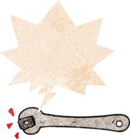 cartoon spanner turning nut and speech bubble in retro textured style png