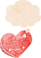 cartoon love heart with face and thought bubble in retro textured style png