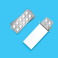 illustration of batch of foil blister packs with medicine pills on turquoise blue background. Drugs development vector