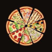 Pizza constructor with different ingredients illustration. Slice of fast food with vegetables vector