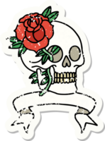 grunge sticker with banner of a skull and rose png