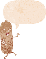 cartoon dancing sausage and speech bubble in retro textured style png