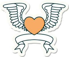 etiqueta engomada del tatuaje con la pancarta de un corazón con alas png