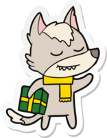 sticker of a friendly cartoon wolf carrying christmas present png