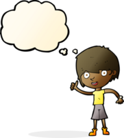 tekenfilm jongen met positief houding met gedachte bubbel png