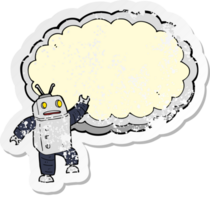 retro distressed sticker of a cartoon robot with space for text cloud png