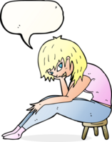 cartoon woman sitting on small stool with speech bubble png