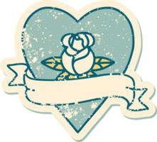 distressed sticker tattoo style icon of a heart rose and banner png