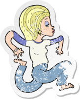 retro distressed sticker of a cartoon woman running png