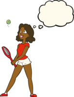 cartone animato donna giocando tennis con pensato bolla png