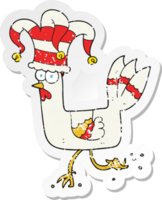 retro distressed sticker of a cartoon chicken running in funny hat png