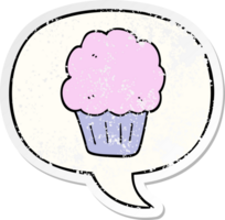 cupcake de dibujos animados y etiqueta engomada angustiada de la burbuja del discurso png