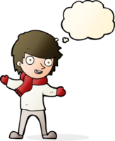 cartoon boy in winter clothes with thought bubble png