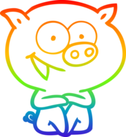 dibujo de línea de gradiente de arco iris dibujos animados de cerdo sentado alegre png