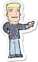 retro distressed sticker of a cartoon man pointing png