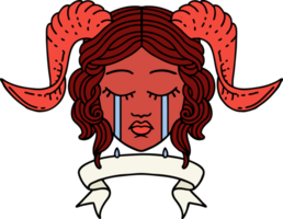 crying tiefling character face with scroll banner illustration png