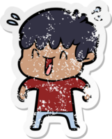 distressed sticker of a cartoon laughing boy png