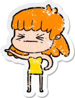 distressed sticker of a cartoon angry girl png