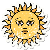 traditional distressed sticker tattoo of a sun with face png
