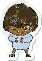 retro distressed sticker of a cartoon shy boy png