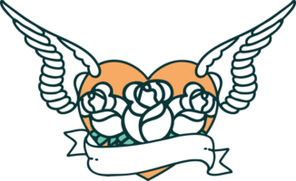 icône de style tatouage d'un coeur volant avec des fleurs et une bannière png