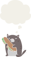 gato de desenho animado com sanduíche e balão de pensamento em estilo retro png