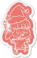 cartoon distressed sticker of a tired woman wearing santa hat png